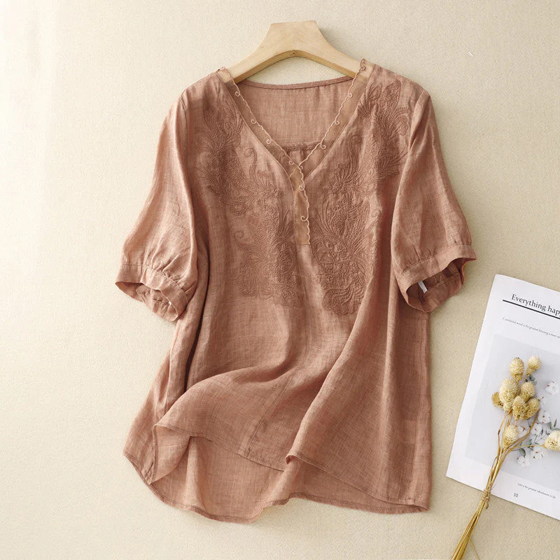 Ladies Blouse β Loose Fit β V-neck β Short Sleeves β Embroidered β Breathable Material