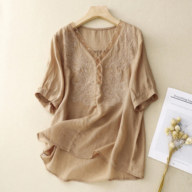 Ladies Blouse β Loose Fit β V-neck β Short Sleeves β Embroidered β Breathable Material - Image 2
