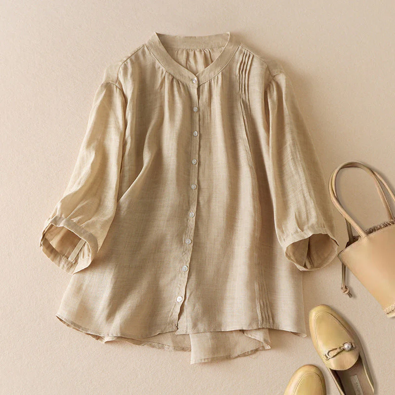 Women's Blouse – Relaxed Fit – Half-Length Sleeves – Stand Collar – Natural Fibers – Pleated Detail - Image 2