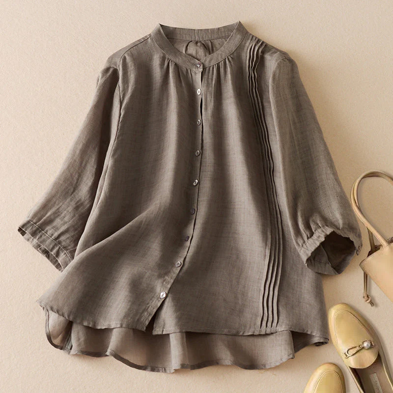 Women's Blouse – Relaxed Fit – Half-Length Sleeves – Stand Collar – Natural Fibers – Pleated Detail - Image 3