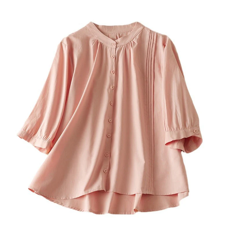 Women's Blouse – Relaxed Fit – Half-Length Sleeves – Stand Collar – Natural Fibers – Pleated Detail - Image 4