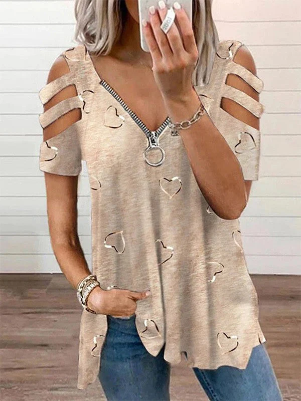 Women's Blouse β Relaxed Fit β V-neck with Zipper β Open Shoulders β Heart Print β Airy Fabric