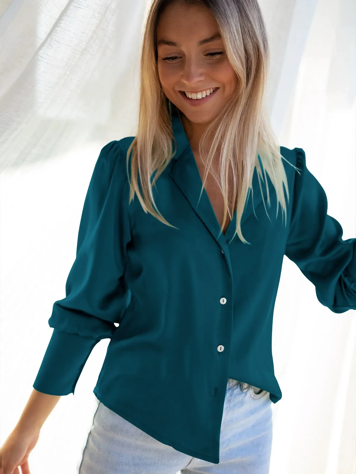 Women's Blouse – Relaxed Fit – Silky Soft – Long Sleeve – Button Closure – Collar - Image 2
