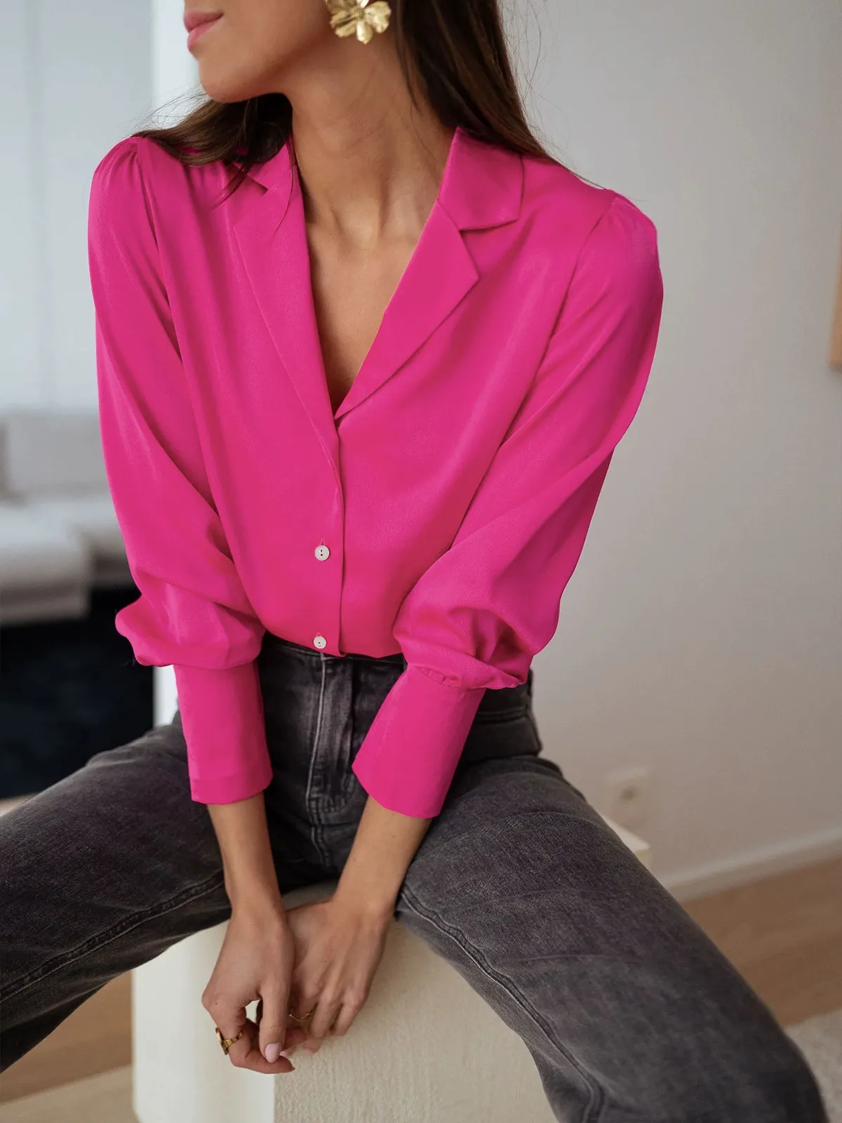 Women's Blouse – Relaxed Fit – Silky Soft – Long Sleeve – Button Closure – Collar - Image 4