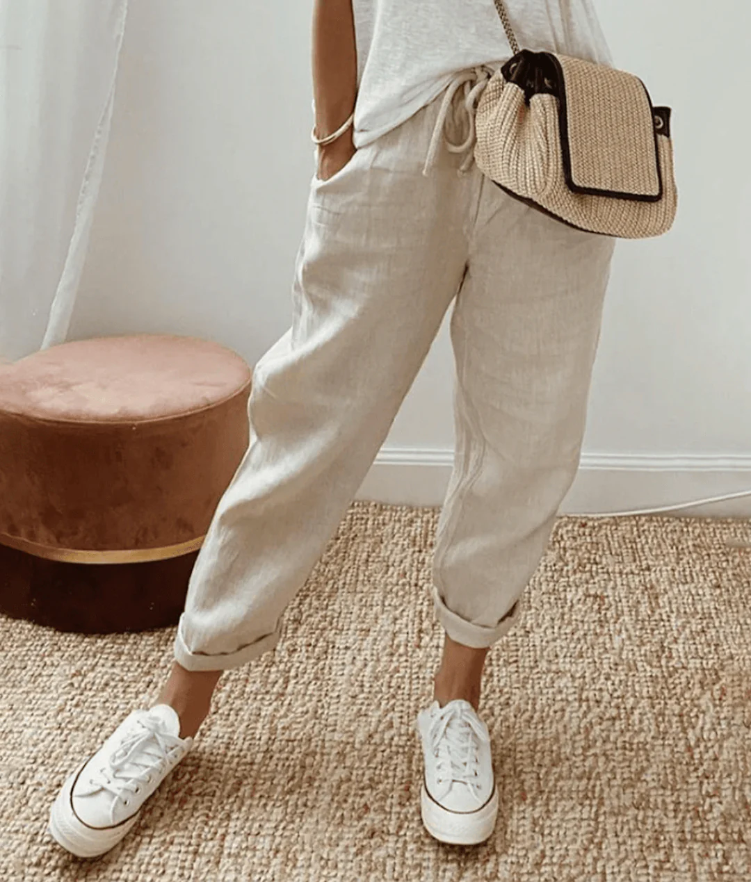 Women's Pants – Relaxed Fit – Natural Fabrics – Drawstring Waist – Abstract Print - Image 2