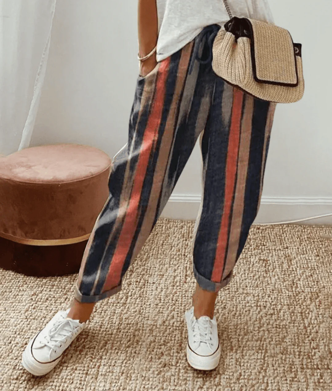 Women's Pants – Relaxed Fit – Natural Fabrics – Drawstring Waist – Abstract Print - Image 3