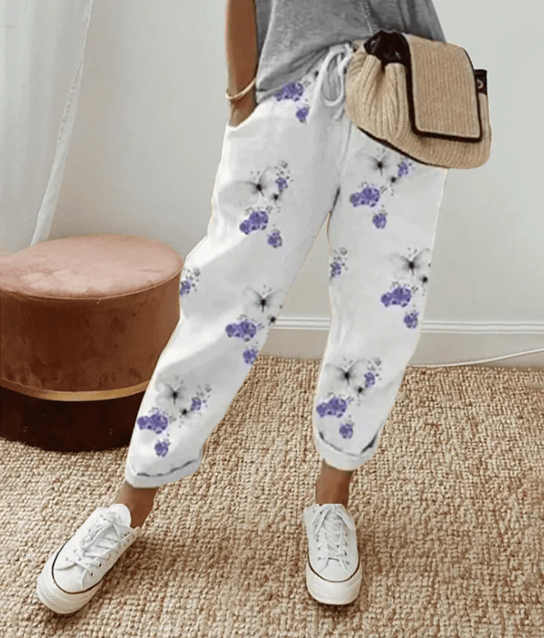 Women's Pants – Relaxed Fit – Natural Fabrics – Drawstring Waist – Abstract Print - Image 4