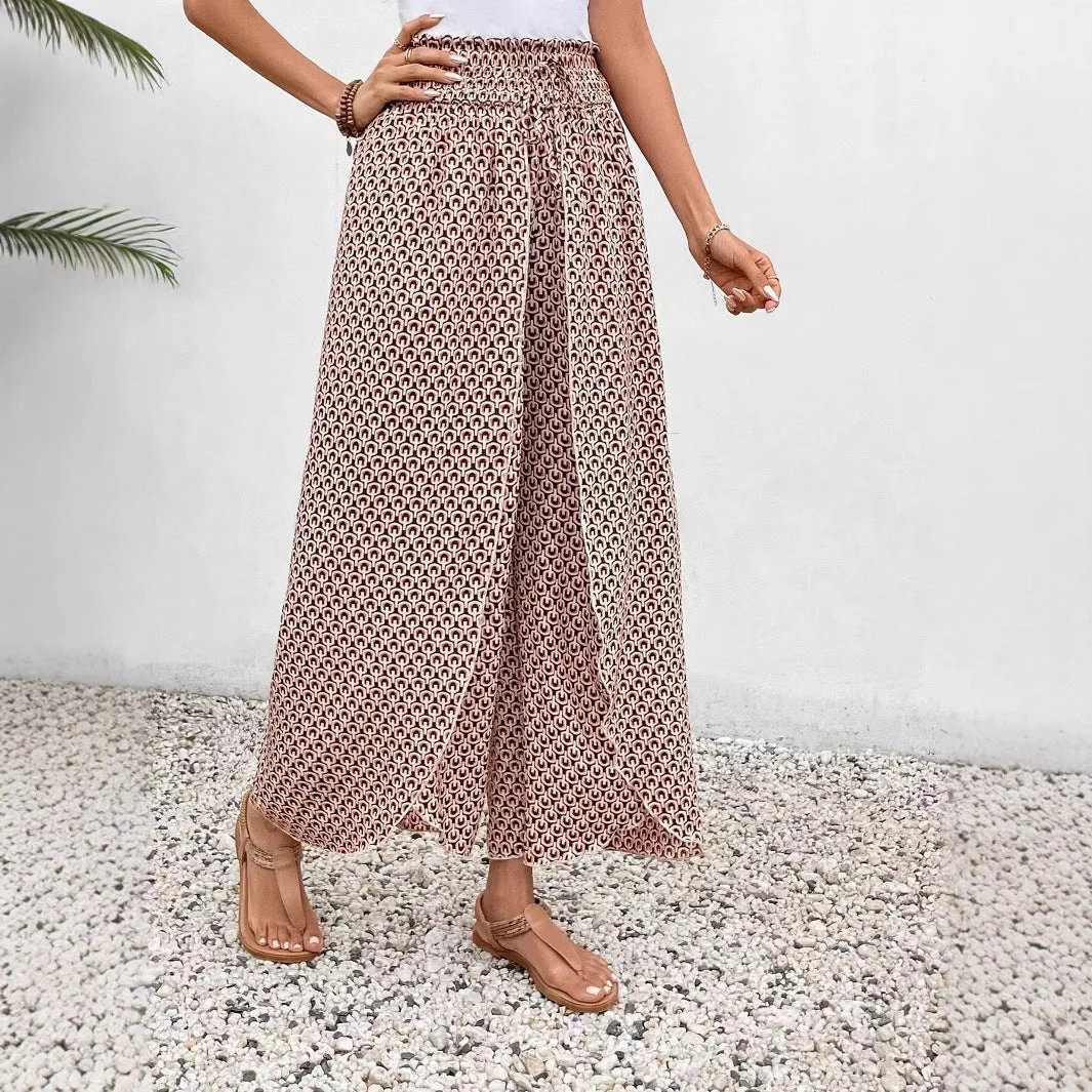 Women's Trousers – Wide Legs – Relaxed Fit – Floral Print – Side Slits – Breathable Fabric - Image 3