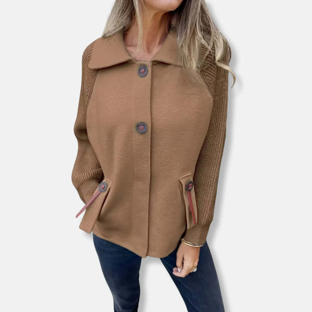 Women's Coat – Relaxed Fit – Knitted Sleeves – Notched Collar – Button Closure – Flap Pockets - Image 2