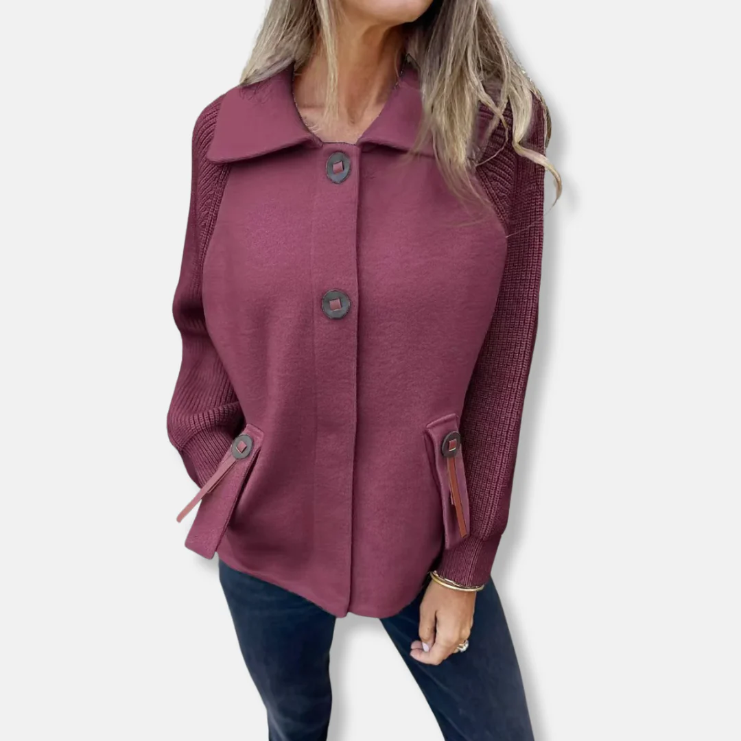 Women's Coat – Relaxed Fit – Knitted Sleeves – Notched Collar – Button Closure – Flap Pockets - Image 3