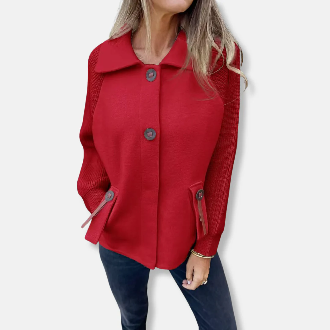 Women's Coat – Relaxed Fit – Knitted Sleeves – Notched Collar – Button Closure – Flap Pockets - Image 4