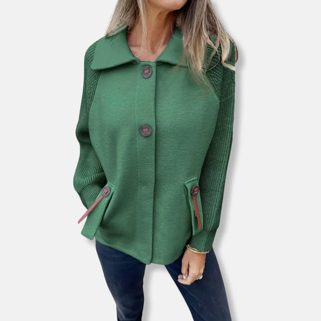 Women's Coat – Relaxed Fit – Knitted Sleeves – Notched Collar – Button Closure – Flap Pockets - Image 5