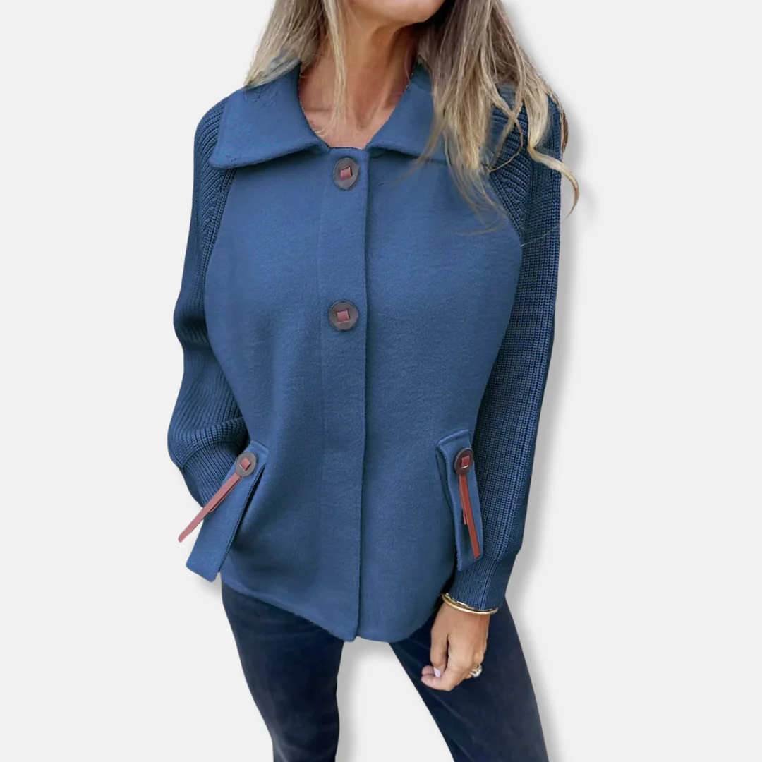 Women's Coat – Relaxed Fit – Knitted Sleeves – Notched Collar – Button Closure – Flap Pockets - Image 6