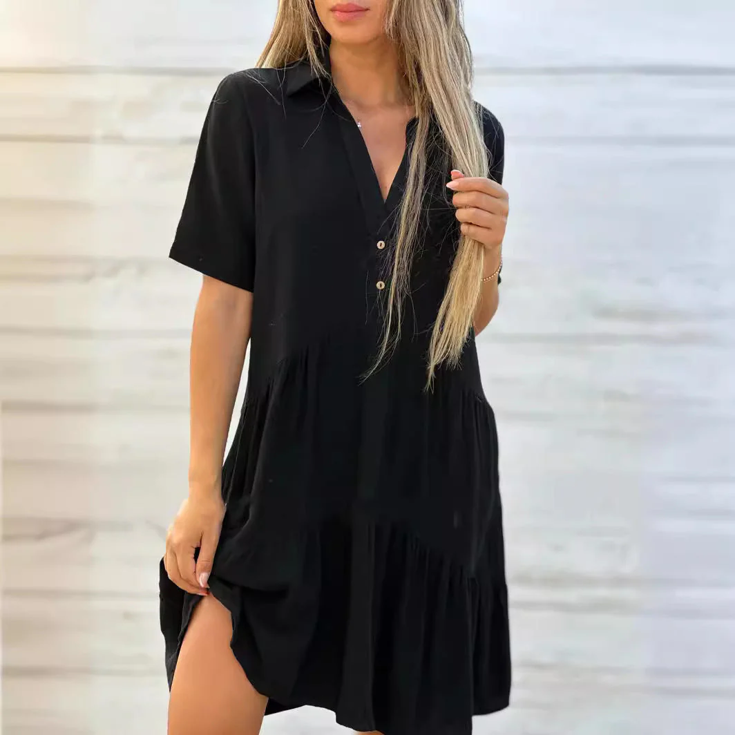 Women's Dress – Loose Fit – Short Sleeves – Collar – Layered – Natural Fabrics - Image 2