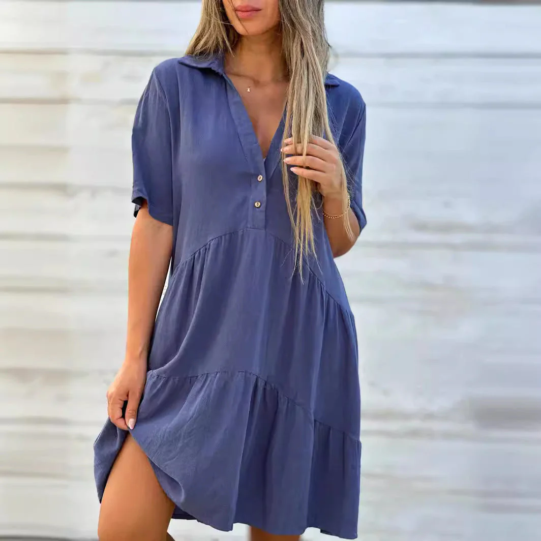 Women's Dress – Loose Fit – Short Sleeves – Collar – Layered – Natural Fabrics - Image 3