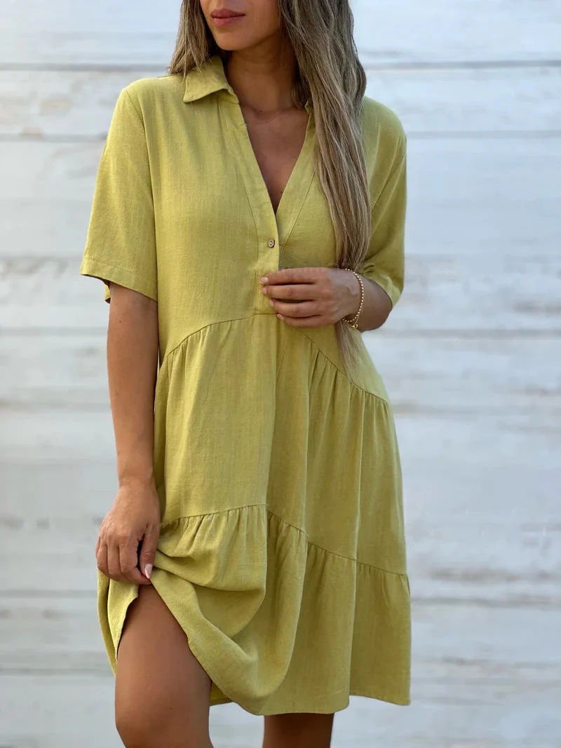 Women's Dress – Loose Fit – Short Sleeves – Collar – Layered – Natural Fabrics - Image 4