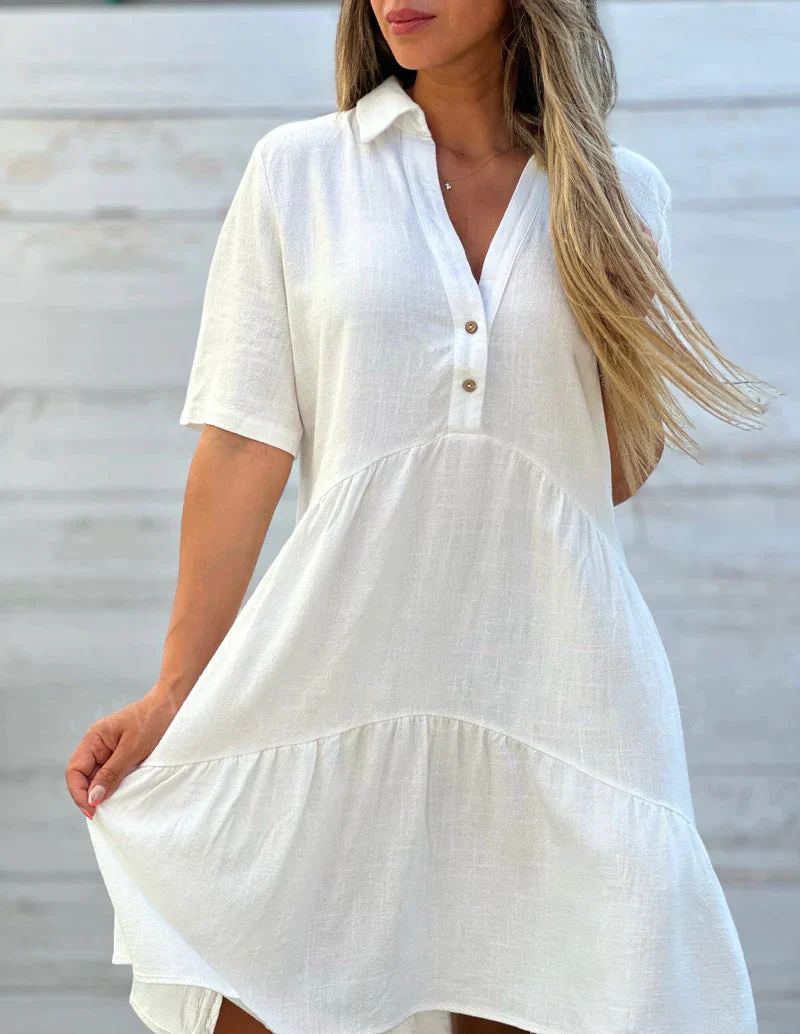 Women's Dress – Loose Fit – Short Sleeves – Collar – Layered – Natural Fabrics - Image 5