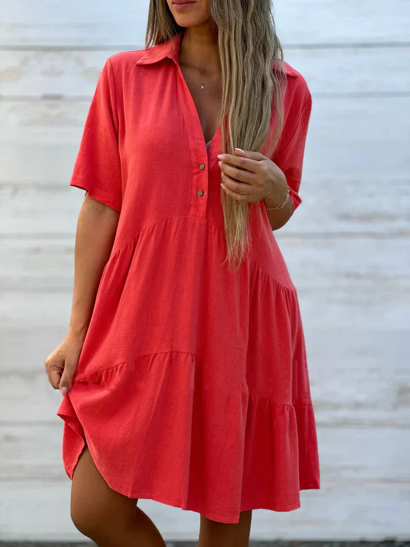 Women's Dress – Loose Fit – Short Sleeves – Collar – Layered – Natural Fabrics - Image 6
