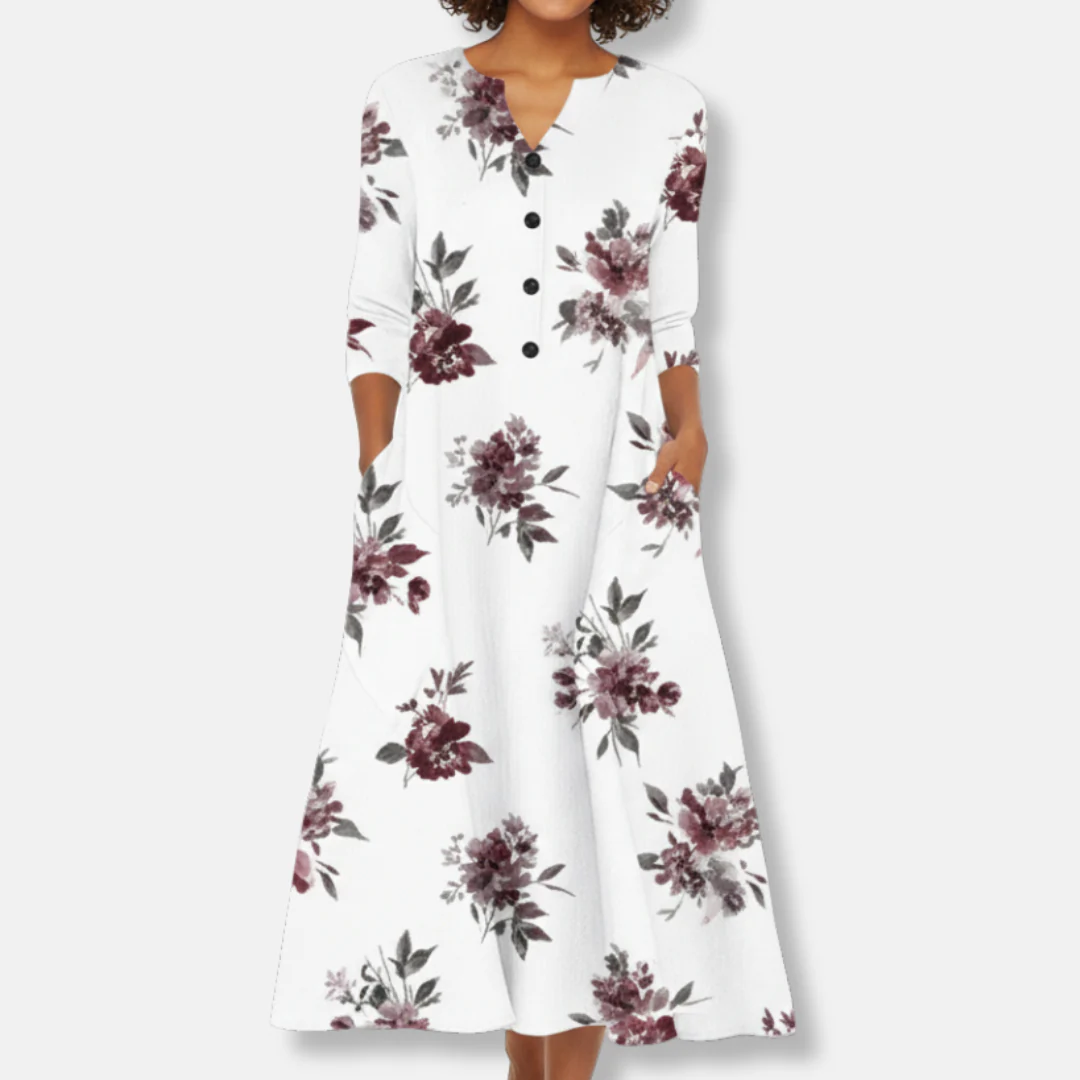 Women's dress with floral print and V-neck – Loose fit with pockets – Short sleeves, casual style - Image 2