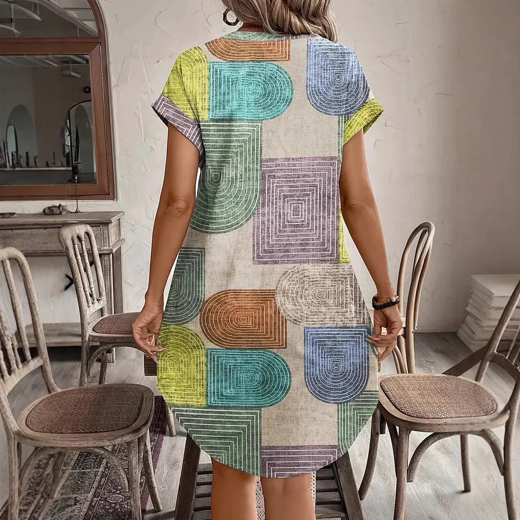 Womens Dress – Relaxed Fit – Short Sleeve – V-neck – Button Closure – Geometric Print - Image 2