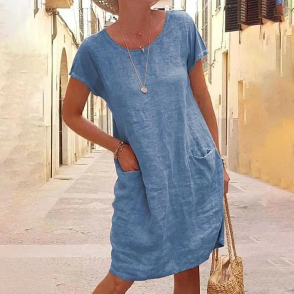 Women's dress – Relaxed Fit – Natural fibers – Short sleeves – Casual style – With pockets - Image 2