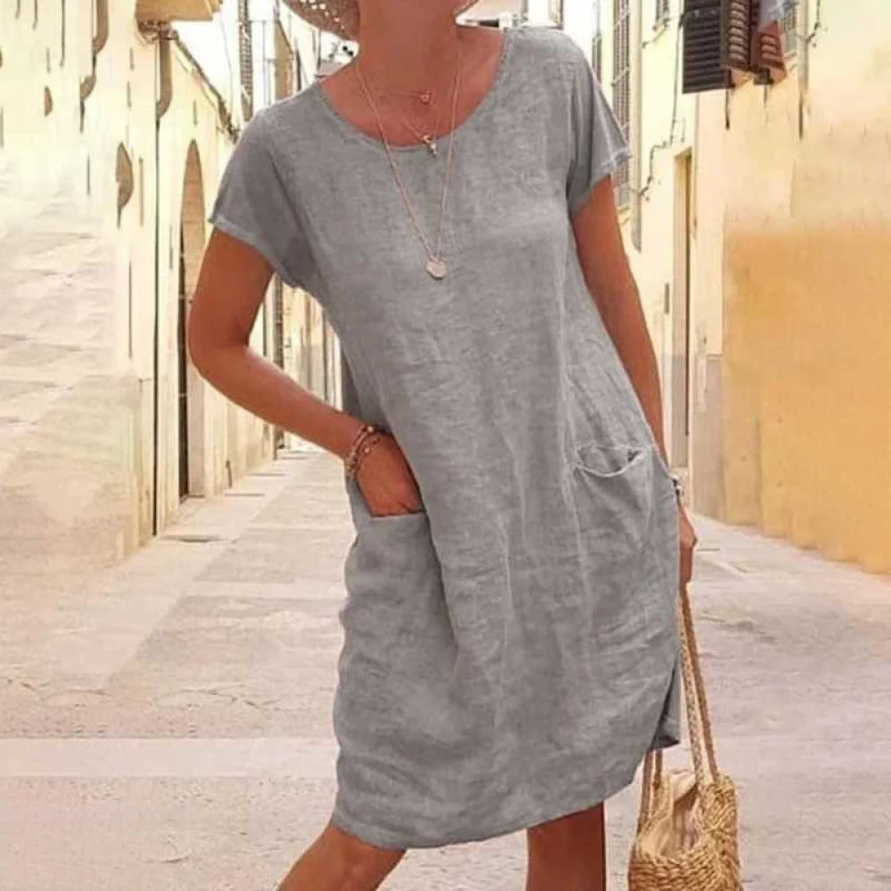 Women's dress – Relaxed Fit – Natural fibers – Short sleeves – Casual style – With pockets - Image 3
