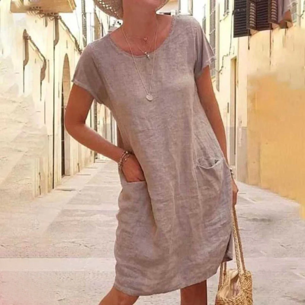 Women's dress – Relaxed Fit – Natural fibers – Short sleeves – Casual style – With pockets - Image 4