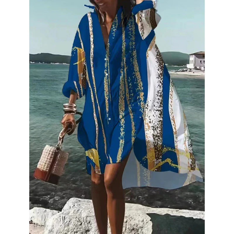 Women's Dress – Relaxed Fit – V-neck – Knee-length – Breathable Natural Material – Abstract Print - Image 3