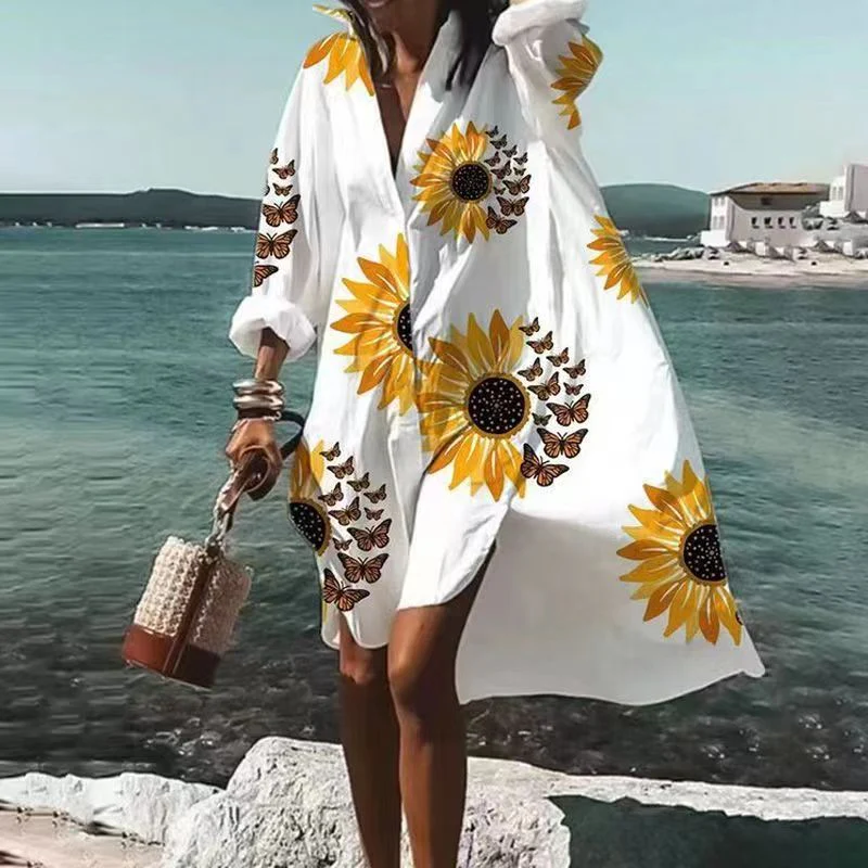 Women's Dress – Relaxed Fit – V-neck – Knee-length – Breathable Natural Material – Abstract Print - Image 4