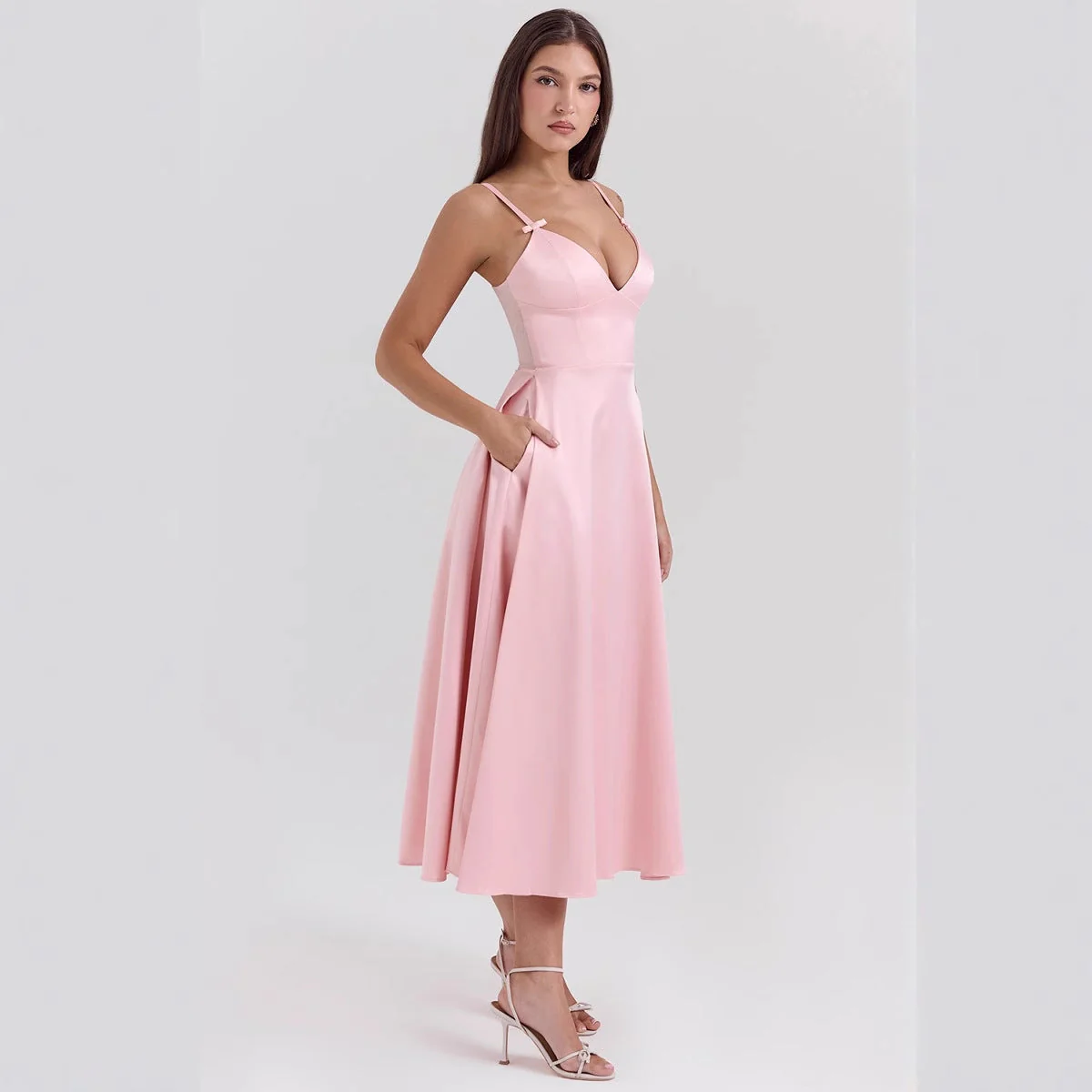 Women's dress – Satin – V-neck – Spaghetti straps – A-line – Midi Length – Fitted - Image 2