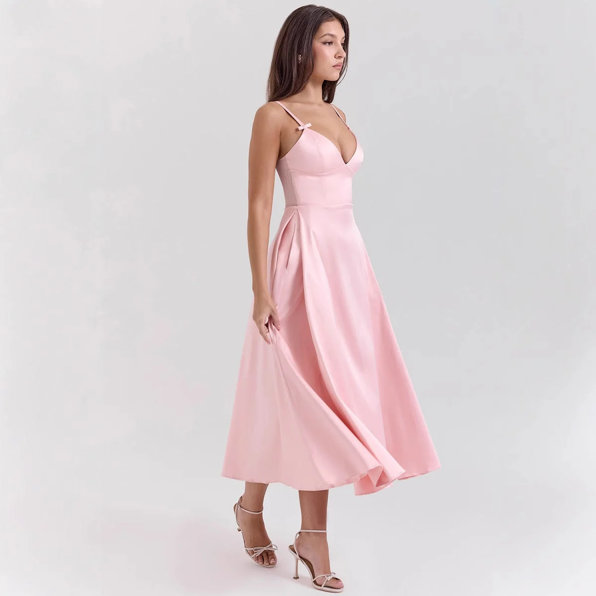 Women's dress – Satin – V-neck – Spaghetti straps – A-line – Midi Length – Fitted - Image 3