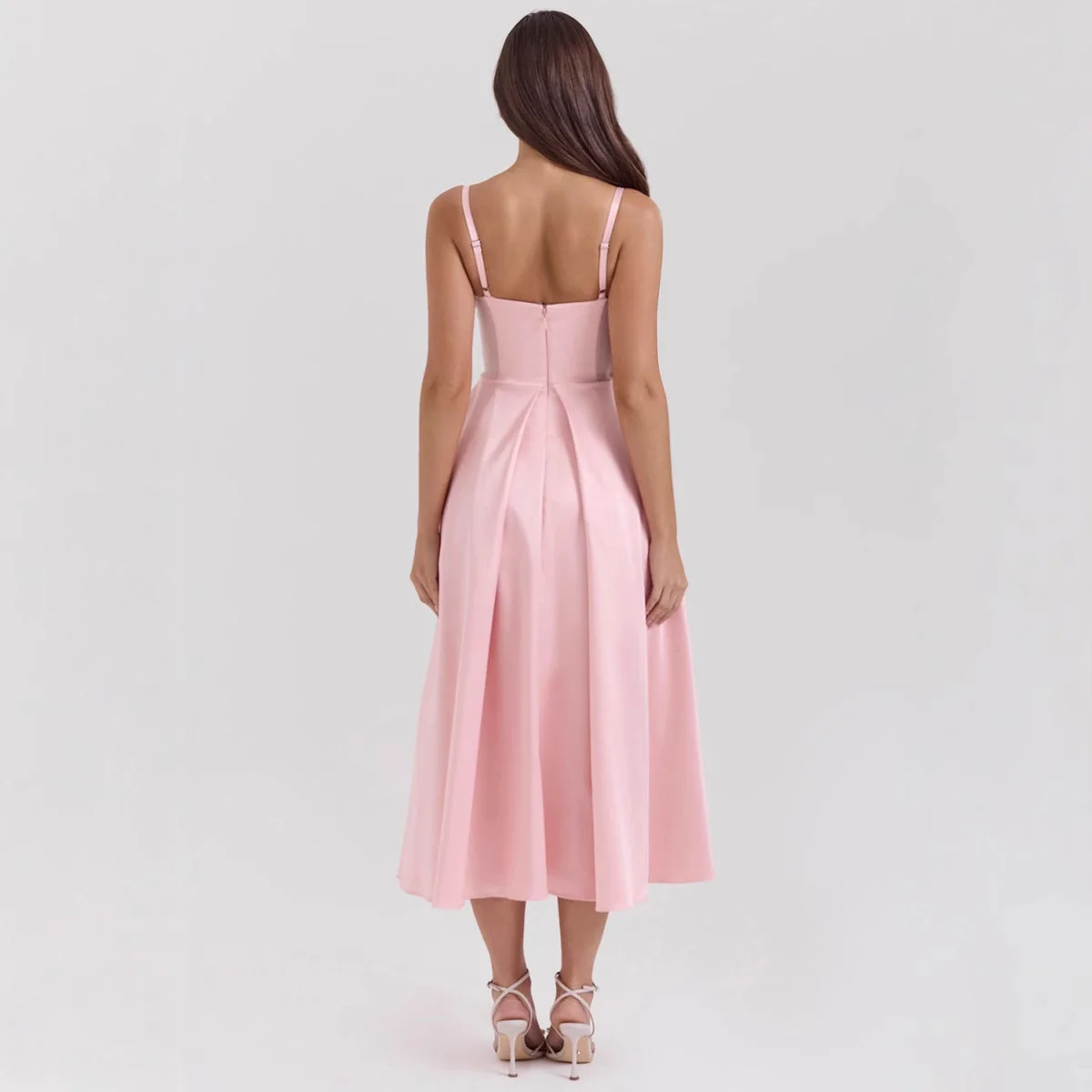 Women's dress – Satin – V-neck – Spaghetti straps – A-line – Midi Length – Fitted - Image 4