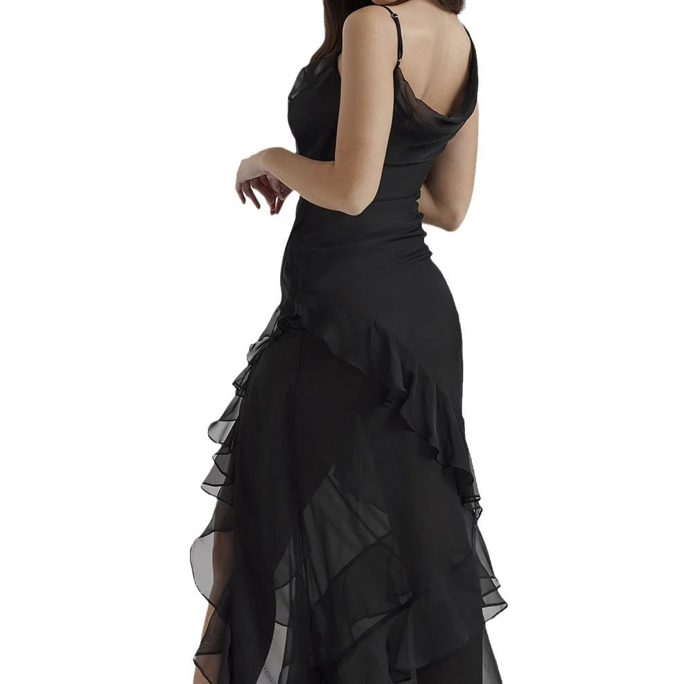 Women's Dress – Slim Fit – V-Neck – Spaghetti Straps – Ruffles – Asymmetrical Hem - Image 4