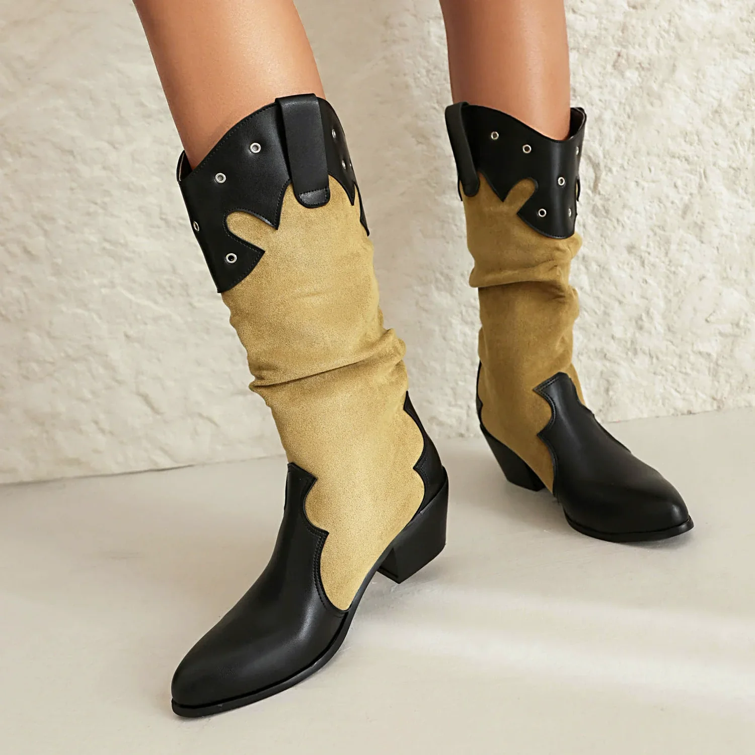 Women's boots mid-calf – Western style – Slouchy fit – Block heel – Stud details - Image 2