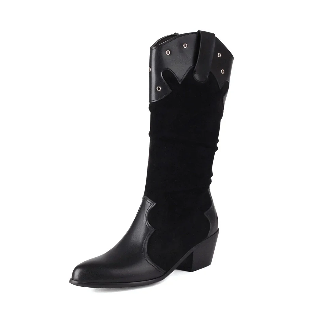Women's boots mid-calf – Western style – Slouchy fit – Block heel – Stud details - Image 4