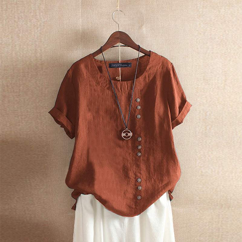 Women's linen blouse - short sleeve button top - Image 2