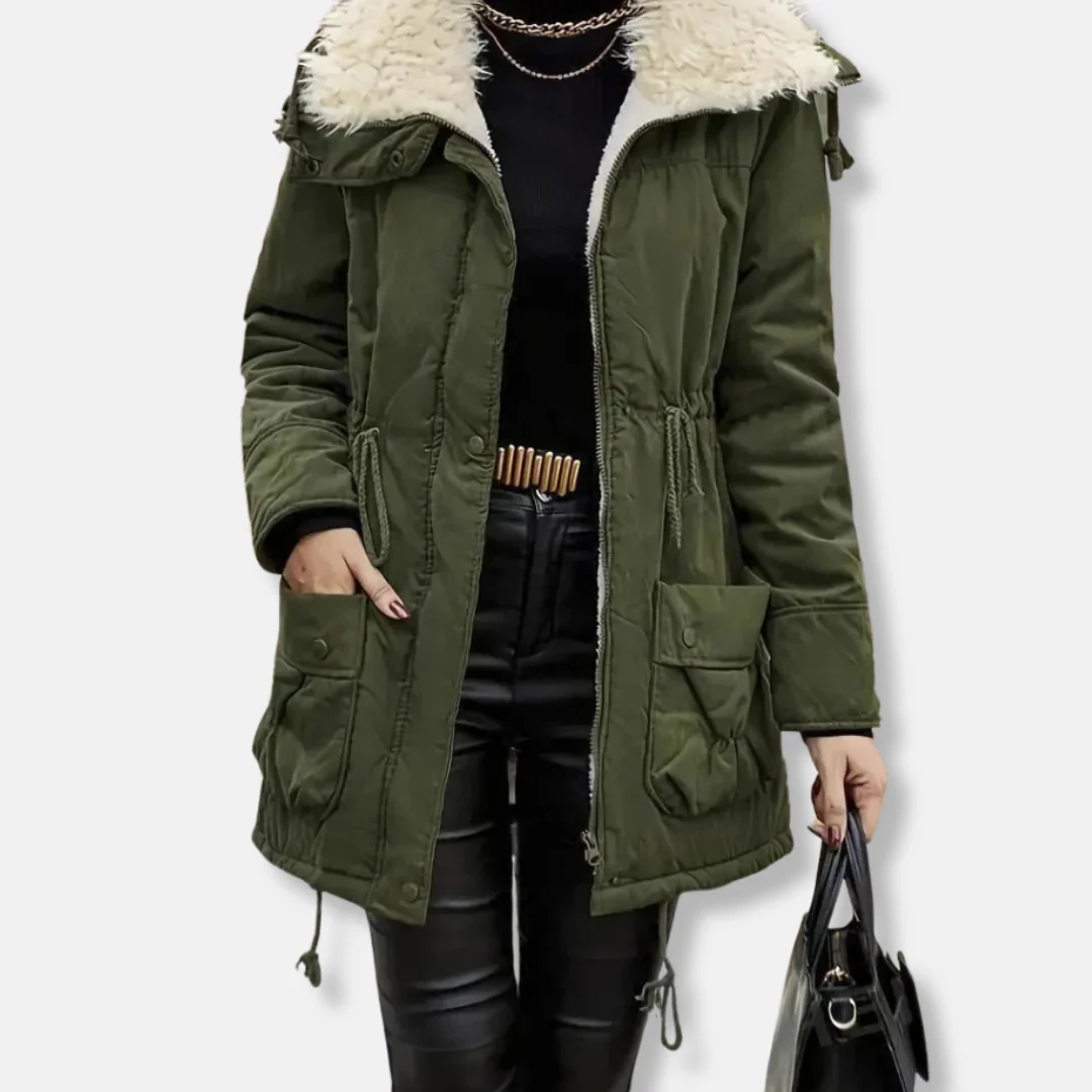 Women's Parka – Mid-Length Fit – Drawstring Waist – Hood with Faux Fur – Multiple Pockets