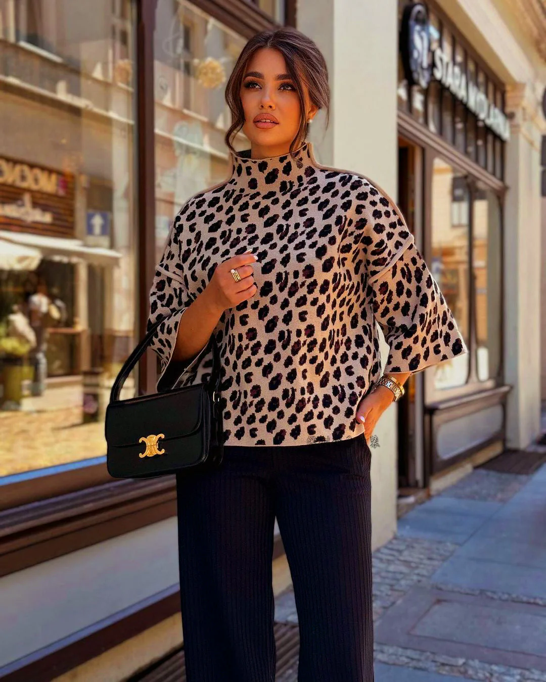 Women's Sweater – Loose Fit – Knitted – High Neck – Leopard Print – 3/4 Sleeve - Image 2