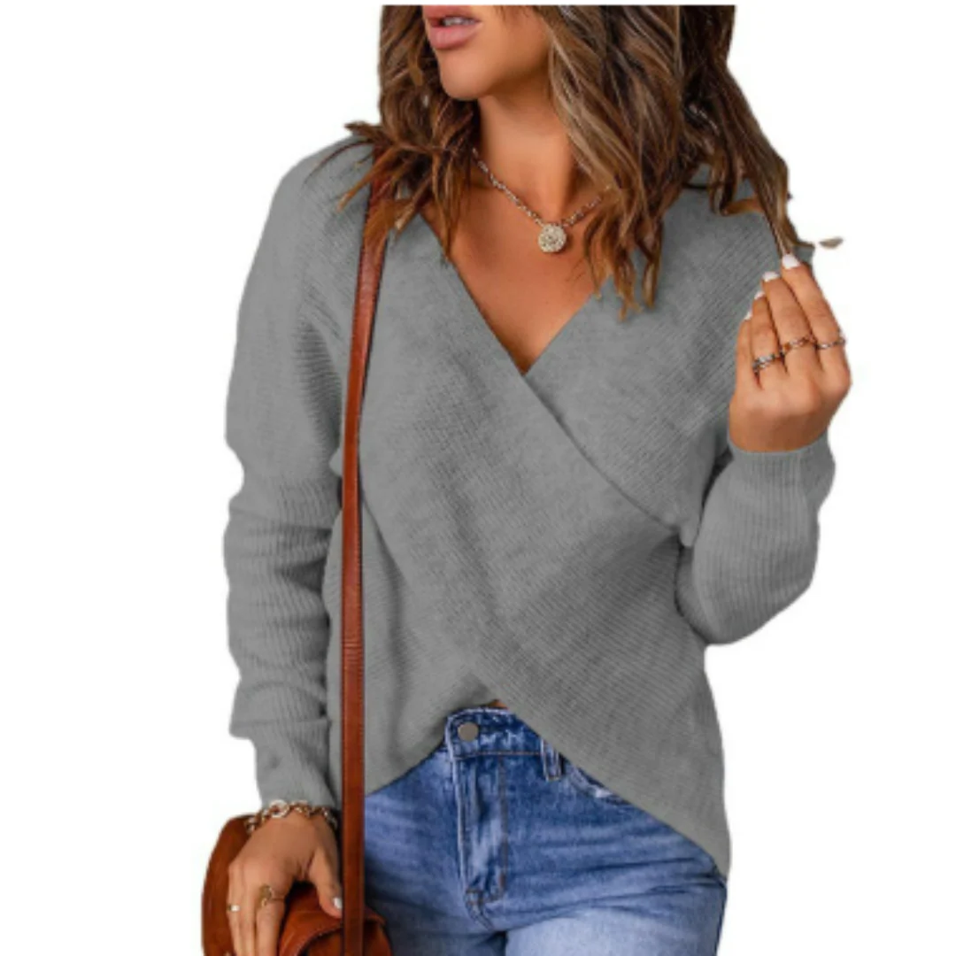 Women's Sweater – Relaxed Fit – Knitted – Crossed Front – Long Sleeves Casual - Image 2