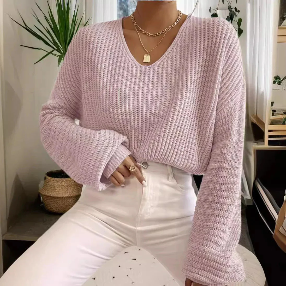 Women's Sweater – Relaxed Fit – Ribbed – Wide V-Neck – Long Sleeves Casual Style - Image 2