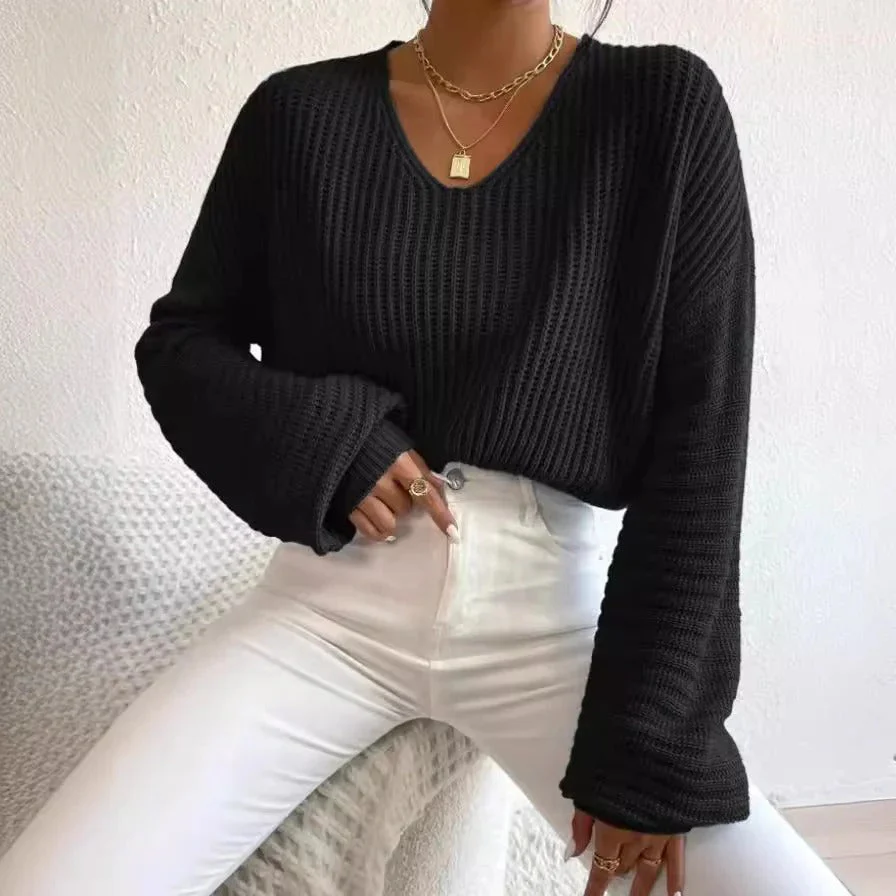 Women's Sweater – Relaxed Fit – Ribbed – Wide V-Neck – Long Sleeves Casual Style - Image 5