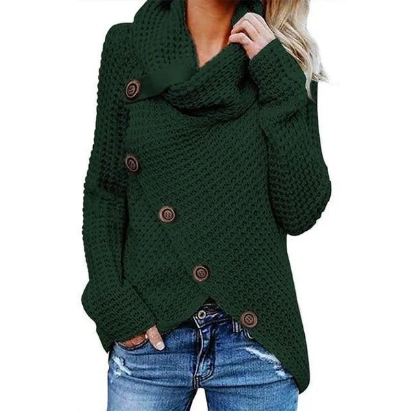 Women's Sweater – Relaxed Fit – Waffle Texture – Turtleneck – Asymmetrical Button Closure - Image 2