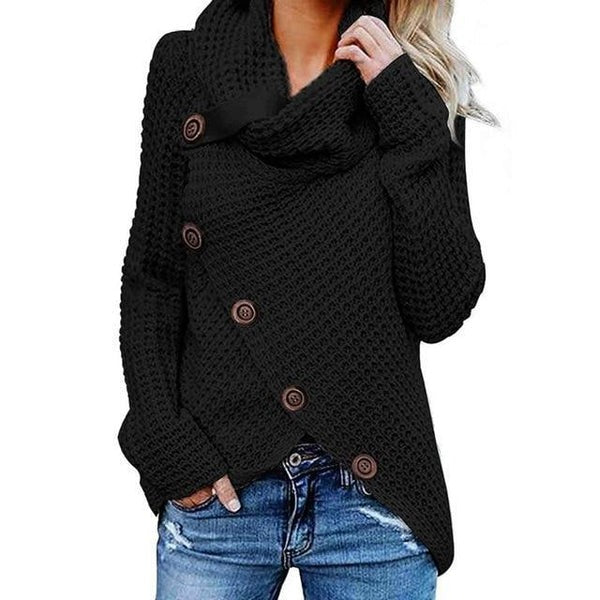 Women's Sweater – Relaxed Fit – Waffle Texture – Turtleneck – Asymmetrical Button Closure - Image 3