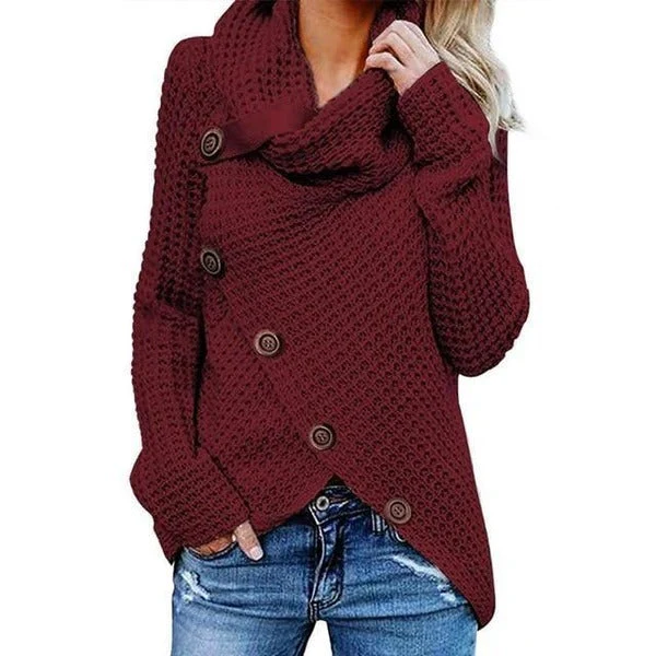 Women's Sweater – Relaxed Fit – Waffle Texture – Turtleneck – Asymmetrical Button Closure - Image 4