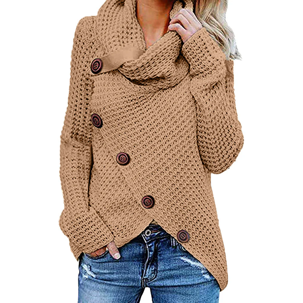 Women's Sweater – Relaxed Fit – Waffle Texture – Turtleneck – Asymmetrical Button Closure - Image 5