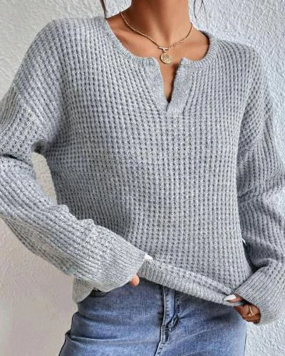 Women's Sweater V-neck – Wool Mix – Relaxed Fit – Cropped Length – Waffle Texture - Image 2