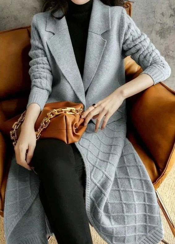 Women's Cardigan Long Model – Wool – Relaxed Fit – Open Front – Diamond Pattern - Image 2