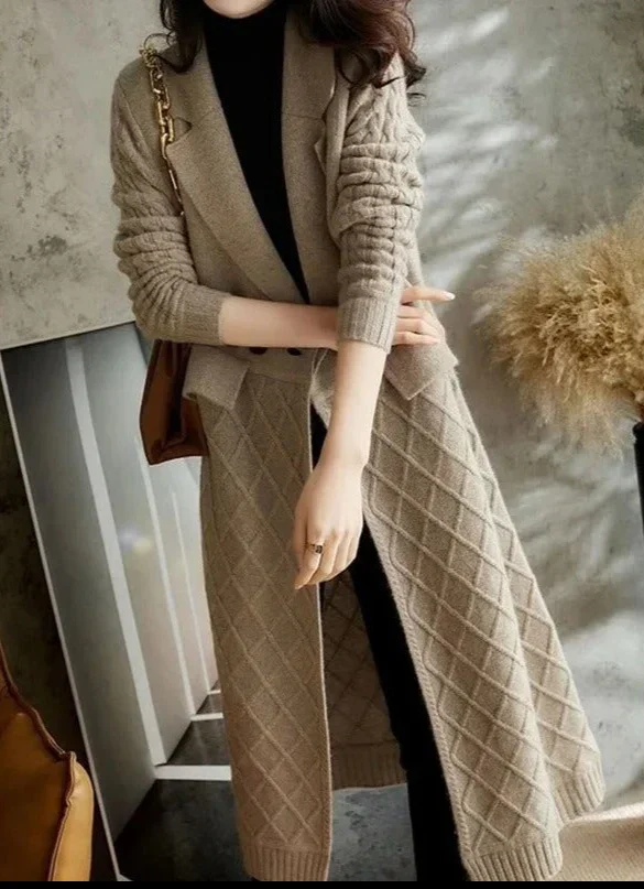 Women's Cardigan Long Model – Wool – Relaxed Fit – Open Front – Diamond Pattern - Image 3