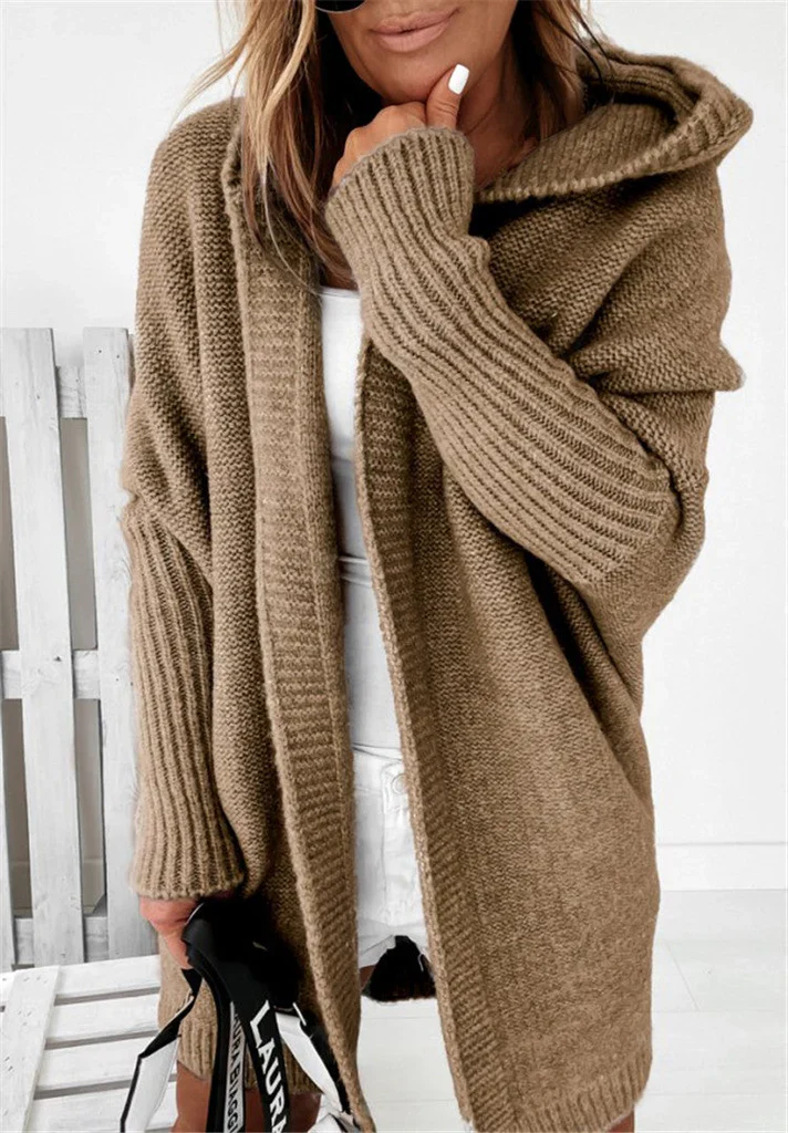 Women's Cardigan – Oversized Fit – Knitted Wool Mix – Open Front with Hood - Image 2