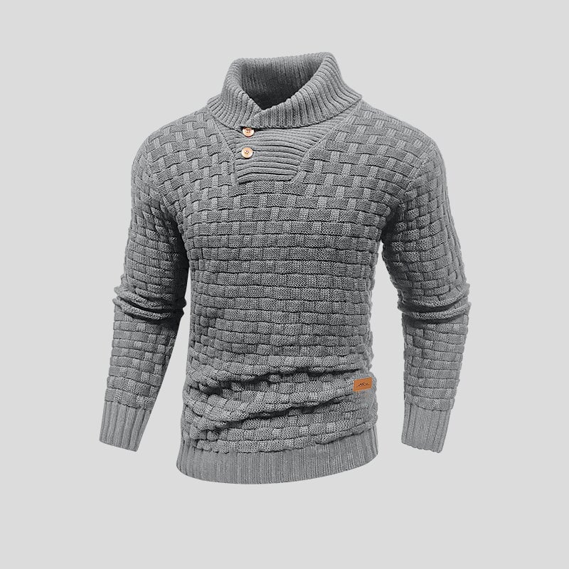 Men's Knitted Sweater – Woolmix – Shawl Collar with Buttons – Ribbed Edging – Textured Pattern - Image 4